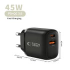 Tech-Protect NCA45W-GAN2 QC -verkkolaturi ja USB-C -kaapeli, Musta