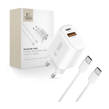 Tech-Protect NCA45W GAN2 -kaksiporttinen verkkovirtalaturi ja USB-C -kaapeli, Valkoinen