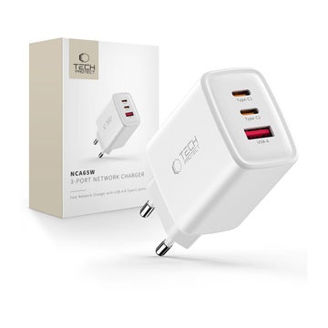 Tech-Protect NCA65W -kolmeporttinen verkkovirtalaturi, Valkoinen