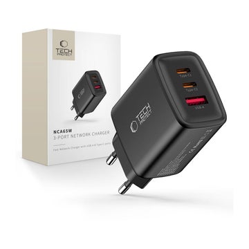 Tech-Protect NCA65W -kolmeporttinen verkkovirtalaturi, Musta