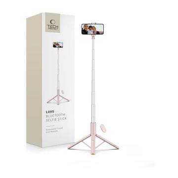 Tech-Protect L09S Bluetooth -selfiekeppi jalustalla, Vaaleanpunainen