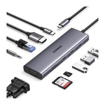 Ugreen MultiPort CM498 USB-A / USB-C / HDMI / VGA /  RJ45 / Jack 3.5mm / microSD -telakka, Harmaa