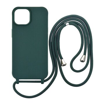 iPhone 15 silikonimainen suojakuori kaulahihnalla, Tummanvihre&auml;