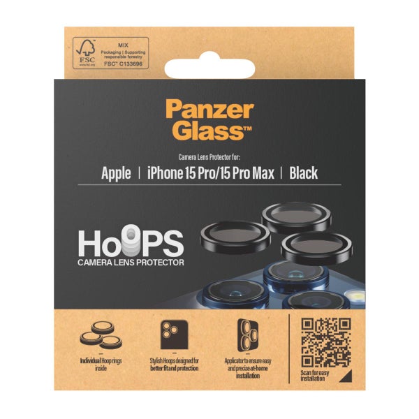 PanzerGlass iPhone 15 Pro / 15 Pro Max Hoops Camera Lens -panssarilasi, takakameroille, black metal