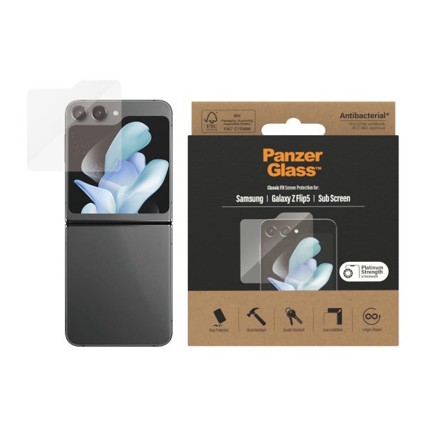 PanzerGlass Galaxy Z Flip5 5G -panssarilasi ilmoitusn&auml;yt&ouml;lle, Kirkas antibakteerinen