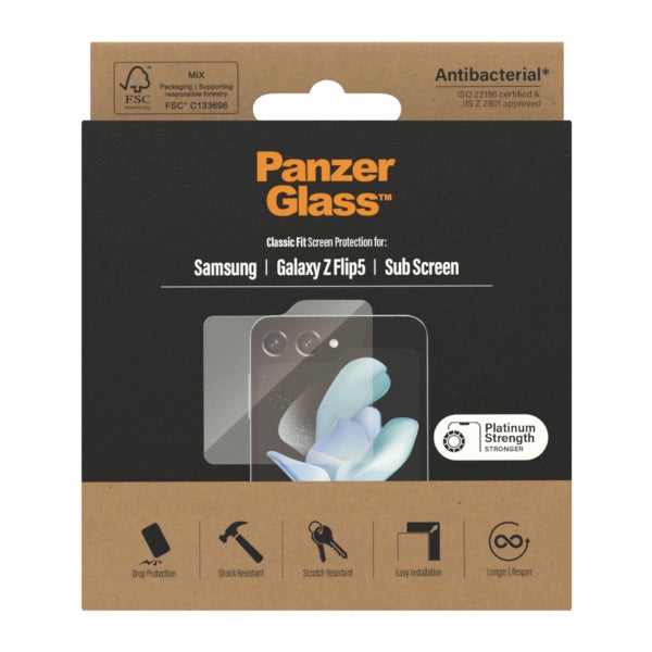 PanzerGlass Galaxy Z Flip5 5G -panssarilasi ilmoitusn&auml;yt&ouml;lle, Kirkas antibakteerinen