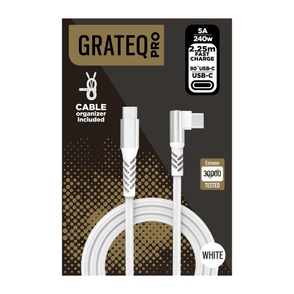 Grateq Pro 240W USB-C / USB-C 90 -kaapeli, 2.25m Valkoinen