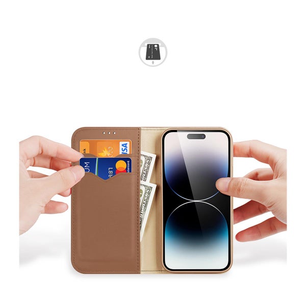 Dux Ducis Hivo iPhone 15 Pro -suojakotelo, RFID-suojaus, ruskea