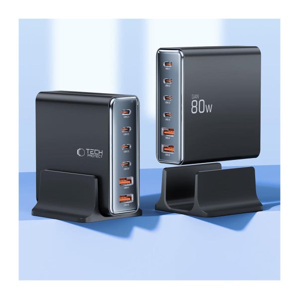 Tech-Protect DC80W-GAN 6-port 2xUSB-A, 4xUSB-C -latausasema, Musta