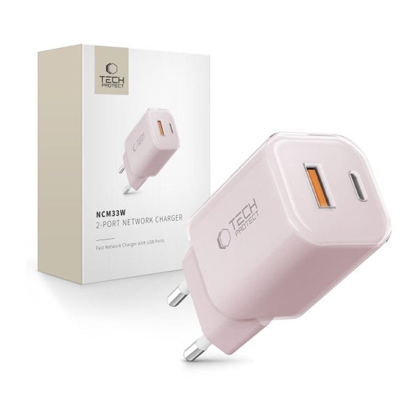 Tech-Protect NCM33W PD QC 3.0 -kaksiporttinen verkkovirtalaturi, Vaaleanpunainen