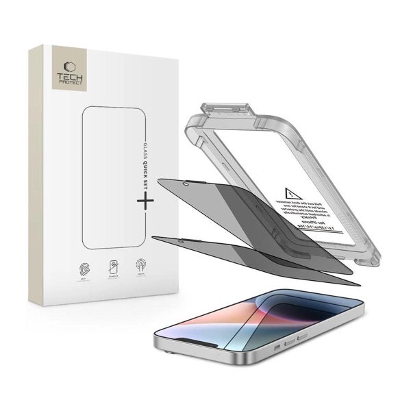 Tech-Protect Quick Set+ iPhone 13 / 13 Pro / 14 / 16e / 17e -panssarilasi asennustelineell&auml;, Yksityissuoja (2-pack)