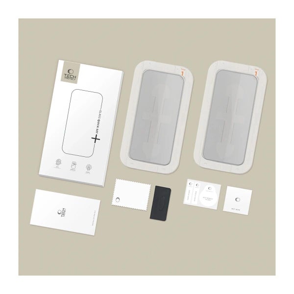 Tech-Protect Quick Set+ iPhone 13 / 13 Pro / 14 / 16e / 17e -panssarilasi asennustelineell&auml;, Yksityissuoja (2-pack)