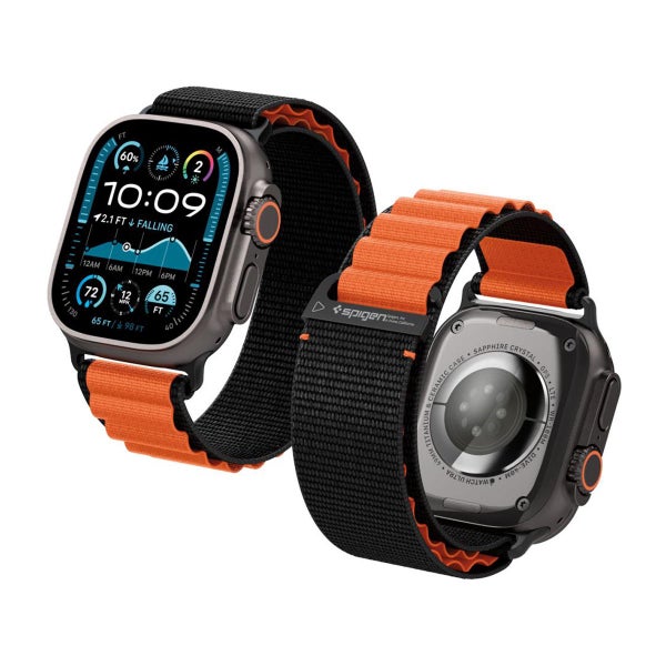 Spigen WBF1 Apple Watch 44 / 45 / 46 / 49 mm -ranneke, Musta/oranssi
