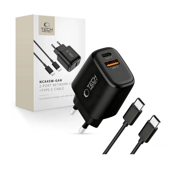 Tech-Protect NCA45W-GAN2 QC -verkkolaturi ja USB-C -kaapeli, Musta
