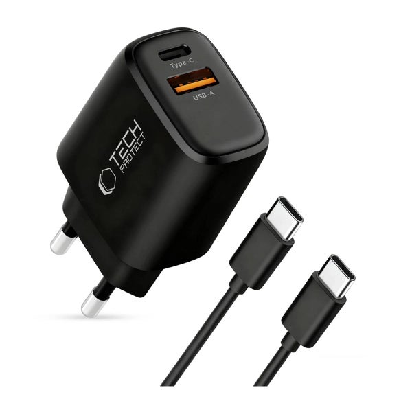 Tech-Protect NCA45W-GAN2 QC -verkkolaturi ja USB-C -kaapeli, Musta