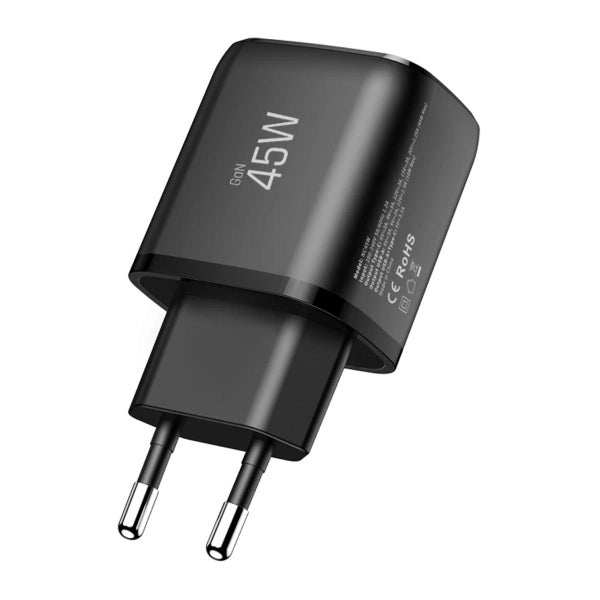 Tech-Protect NCA45W-GAN2 QC -verkkolaturi ja USB-C -kaapeli, Musta