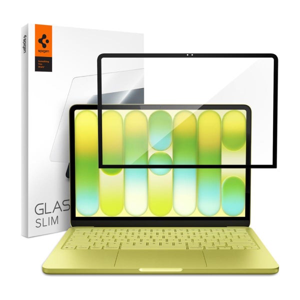 Spigen Glas.tR Slim FC MacBook Neo 13" panssarilasi, Mustilla kehyksill&auml;