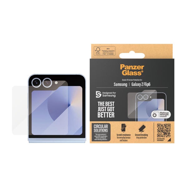 PanzerGlass Galaxy Z Flip7 FE / Flip6 5G -panssarilasi ilmoitusn&auml;yt&ouml;lle, Kirkas