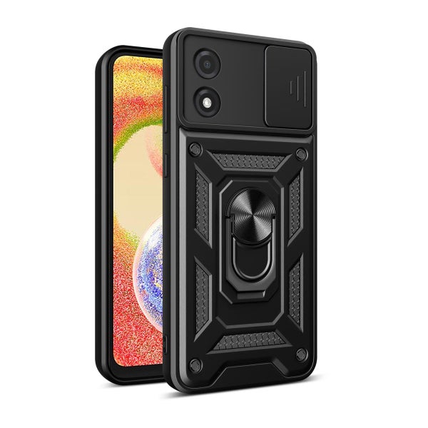 Motorola E13 suojakuoret kamerasuojalla ja sormuksella, Musta