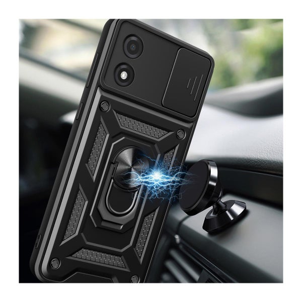 Motorola E13 suojakuoret kamerasuojalla ja sormuksella, Musta