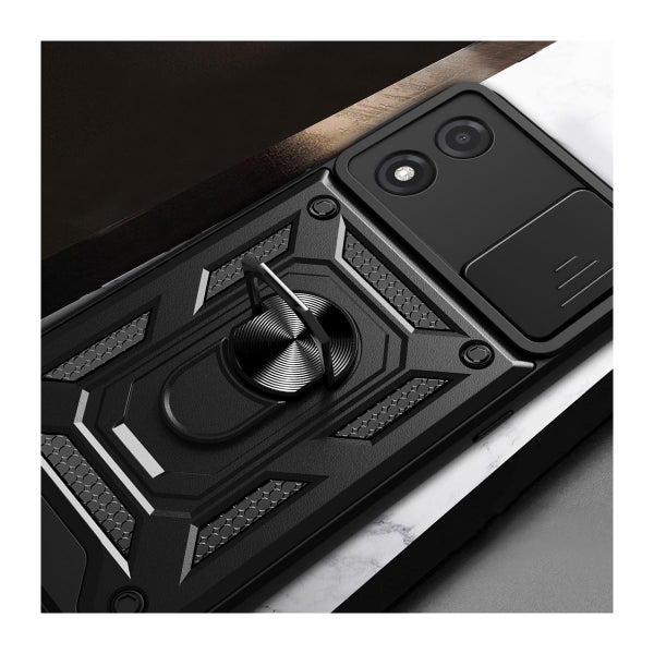 Motorola E13 suojakuoret kamerasuojalla ja sormuksella, Musta