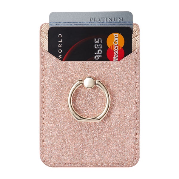 Korttikotelo kahdella korttipaikalla ja otesormuksella, RFID-suojaus, Vaaleanpunainen glitter