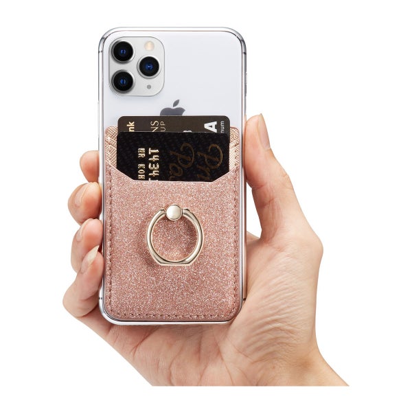 Korttikotelo kahdella korttipaikalla ja otesormuksella, RFID-suojaus, Vaaleanpunainen glitter