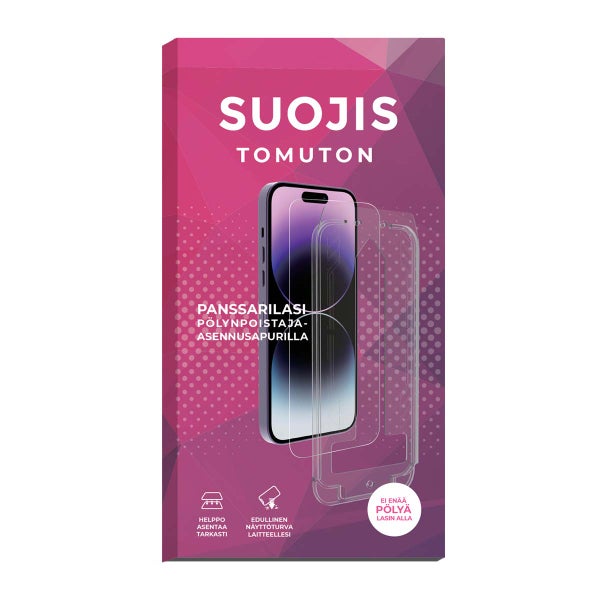 iPhone 14 Pro Suojis Tomuton -panssarilasi p&ouml;lynpoistaja-asennusapurilla, koko n&auml;yt&ouml;lle