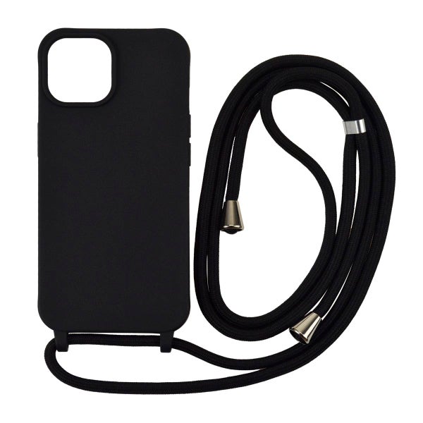 iPhone 15 silikonimainen suojakuori kaulahihnalla, Musta