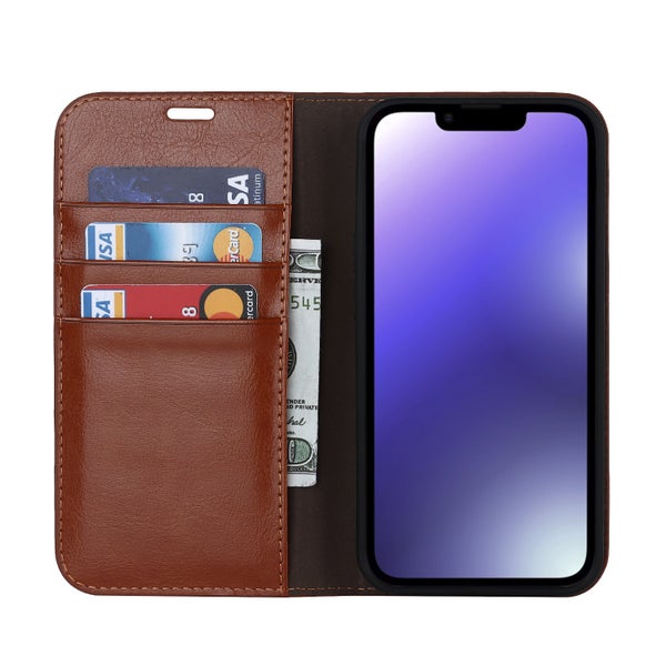 iPhone 15 Plus Lompakkokotelo, Nahkaa eri v&auml;reiss&auml;